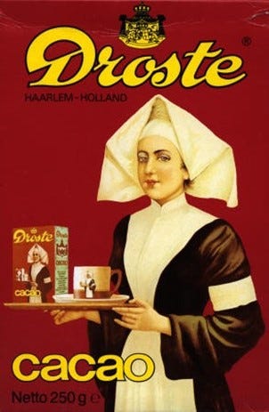 A Droste cocoa box with a picture of a nurse carrying a tray with a box of Droste cocoa on it with a picture of a nurse carrying a tray with a box of Droste cocoa on it.