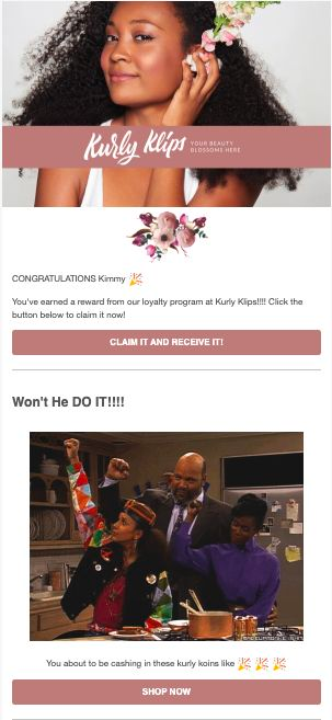 Kurly Klips personalized email content using a customers name, and including content that fits with their shopping content