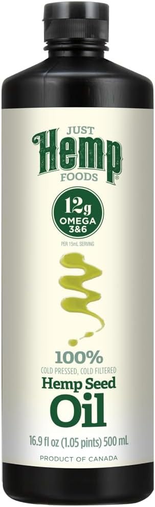 Just Hemp Foods All Natural Hemp Seed Oil, Cold Pressed, Cold Filtered, 12g of Omega 3  6 Per Serving, 16.9 Fl Oz