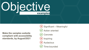 Objective example 1: Make the samples website compliant with accessibility standards, by August/2021