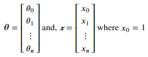 θ is a column vector of elements θ_0 up to θ_n, and x is a column vector of elements x_0 up to x_n, where x_0 equals 1.