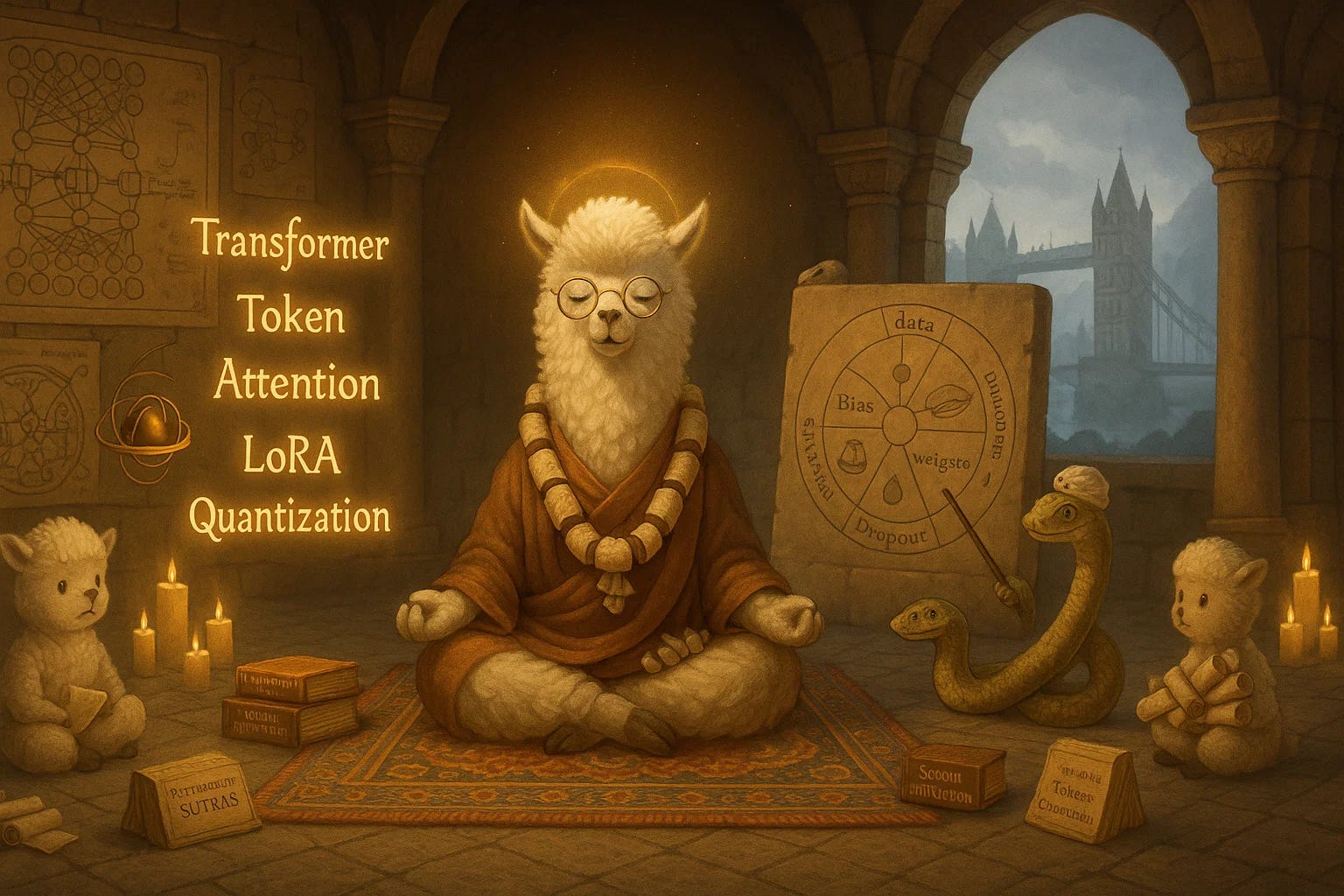 Llama’s Machine Learning Meditation — stylized llama in lotus pose