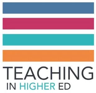 Teaching in Higher Ed cover, with dark blue, pink, lighter blue, and orange bands striped across the front, white in between each stripe