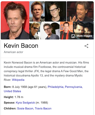 An excerpt from a Google knowledge panel for Kevin Bacon