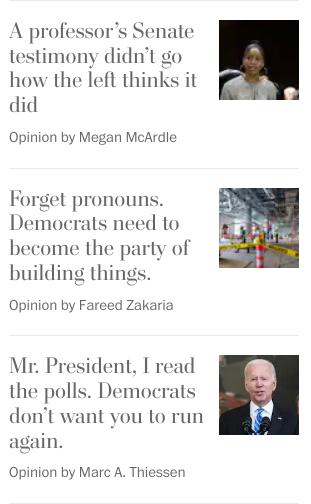 Screen Capture of Washington Post Articles including “Forget Pronouns, Democrats need to become the party of building things.” by Fareed Zakaria