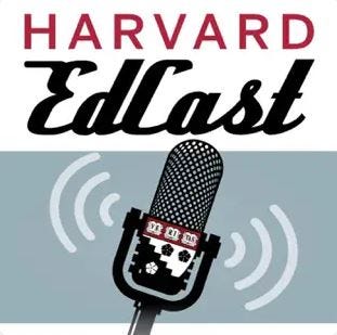Harvard EdCast title card, with a retro font for the title and an image of a microphone on a gray background