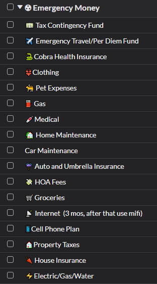 Emergency fund itemized categories examples