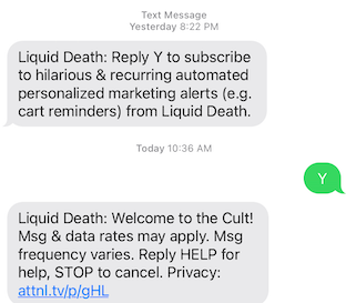 Liquid Death SMS alert texts.