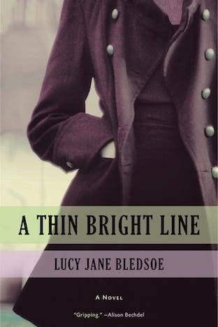 Cover of novel A Thin Bright Line by Lucy Jane Bledsoe. The cover is a close-up of a woman’s torso in an old-fashioned purple coat with wide buttons. She has a hand in her pocket.