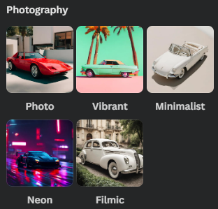 5 types of Canva Magic Media photography style.