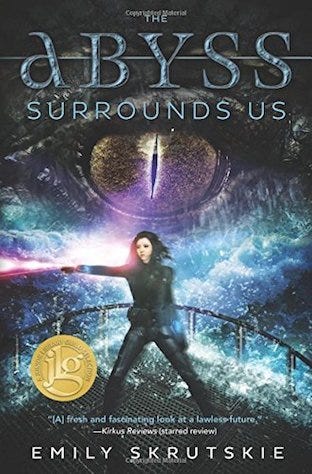 The cover of lesbian dystopian novel, The Abyss Surrounds Us, by Emily Skrutskie. On the cover, a teenage girl in a futuristic pirate costume stands on a ship in the middle of a storm. An eye of a monster, as big as she is, looms behind her.