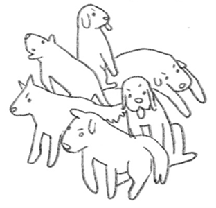 A hand-drawn illustration of a pack of dogs