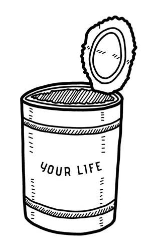 A doodle of an open tin can with writing: “Your life”.