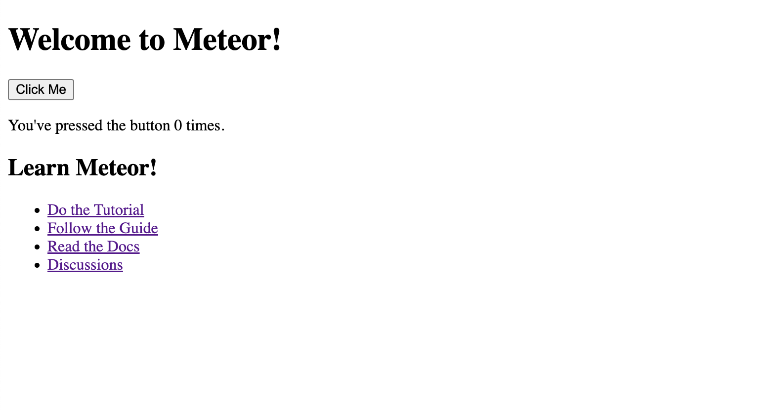 The default generated Meteor app with a counter