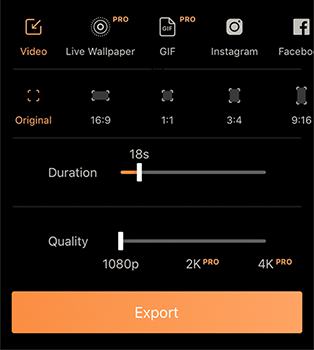 A screenshot of export settings in Pixaloop: original aspect ratio, 18 second duration, and 1080p quality,