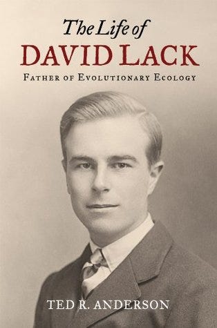 Book cover: a black and white portrait photo of David Lack when a young professional ornithologist, with the title, “The Life of David Lack the Father of Evolutionary Ecology,” by Ted R. Anderson