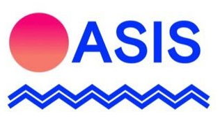 The current logo of Oasis marketplace. It has a red sun as in the japanese flag on the left instead of the first letter from Oasis (O) and followed by ASIS (blue), and a blue line at the bottom.