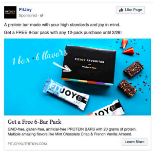 A Facebook ad showing FitJoy bars on a blue background.