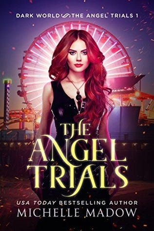 The angel trials cover is a redhead woman with a carnival behind her