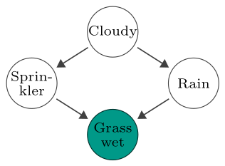 A directed graph of four nodes called Cloudy, Sprinkler, Rain and “Grass wet”. Cloudy connects to Sprinkler and Rain, Sprinkler and Rain connects to “Grass wet”.