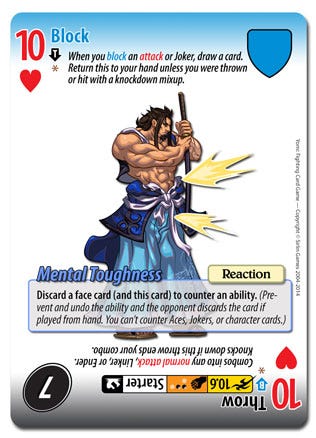 Card from the game Yomi. There are many different UI elements on this card, from iconography about the action type, action speed, combo points it costs, where it can be used in a combo, if it knocks down the opponent, the poker suit, the poker value, the amount of damage it can do, written instructions on how to use each action type, and a special ability. That’s a lot of info on one small card!
