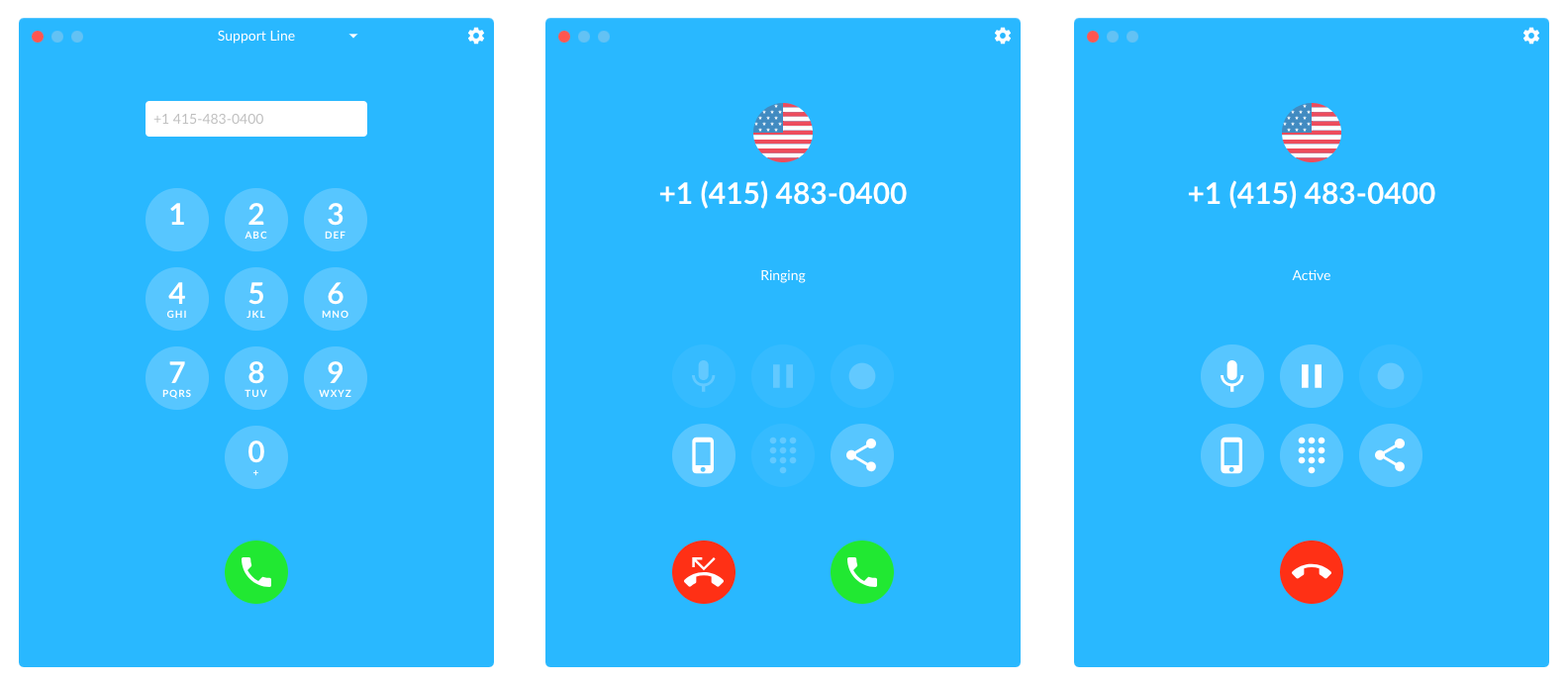 The screenshots show different states of the app. The first one is for making an outbound call, the second is showing an incoming call which you can answer or mute (so others in your team can still pick up) and the third one is an active outbound call.