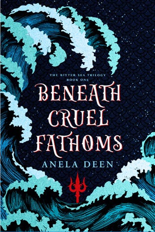 Beneath Cruel Fathoms cover has illustrated teal waves on a dark blue background