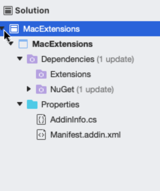 Solution explorer window showing the created project