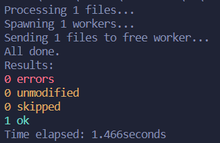 Output from the terminal showing the process completed with 0 errors, 0 unmodified, 0 skipped and 1 ok file.