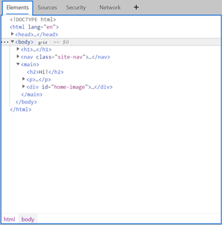 The Elements panel in DevTools with a blue outline drawn around its tab element and its main panel element, showing that the outline isn’t just a simple rectangle