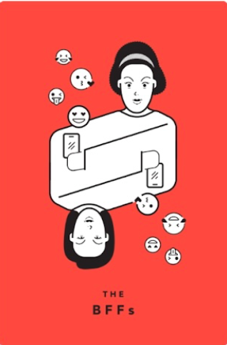 This is an image of a tarot card labeled the BFFS. Shows a reflective photo of a person who has a headband. There are also face emojis across the card (ex: smiley faces, kissy faces and faces with tongues sticking out).