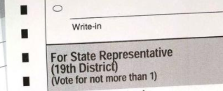 A close-up of a ballot header with the words “For State Representative (19th District) (Vote for not more than 1)”
