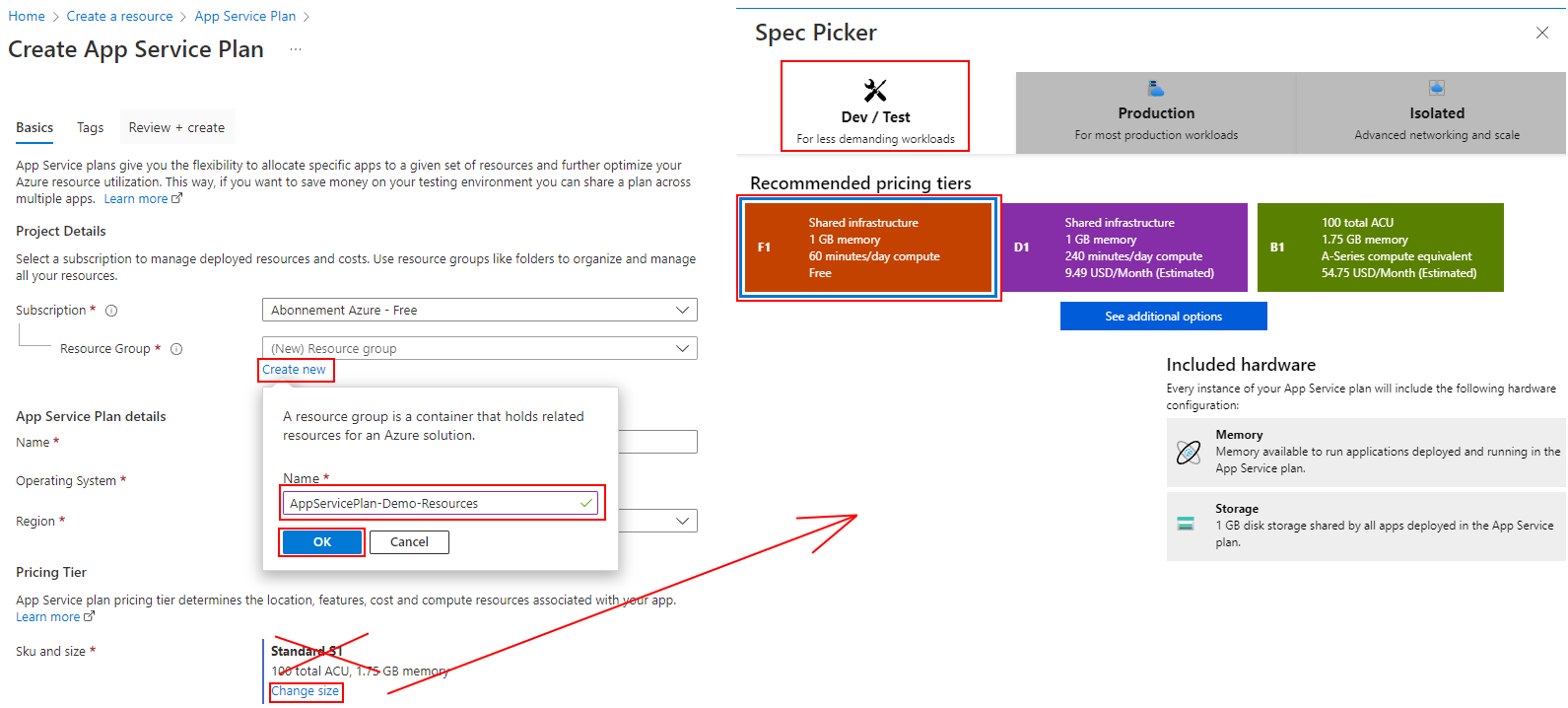 Configure your App Service Plan with F1 Plan