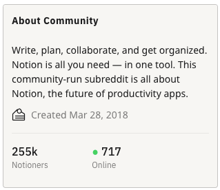 About Reddit’s Notion Community, most notably 255k Notioners