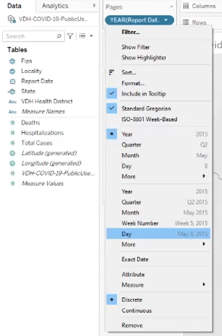 Open menu view for the Report Date dimension, on Tableau’s Pages card, highlighted to change the view from Year to Day.
