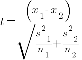 Mathematical formula: t equals open parenthesis x1 minus x2 close parenthesis divided by square root of open parenthesis s1 power 2 divided by n1 close parenthesis plus open parenthesis s2 power 2 divided by n2 close parenthesis