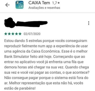 avaliação irônica do aplicativo com 5 estrelas “filas longas fazem a experiência online e offline estarem alinhadas”