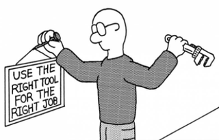 cartoon of man using a wrench to hammer a nail