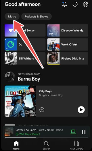 Spotify AI DJ music home page.