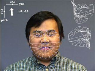 An image if a person’s face mapped to polygons.