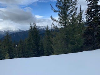 The foreground is a snowy slope that reaches to about 1/4 of the picture. There are thick pine trees with upward curved branches in the middle ground then in the far background are a few snowy peaks, smaller and less rugged than Hurricane Ridge in the previous picture but they fill the whole skyline. The sky is bright blue and there are a few clouds including one partially obscuring the sky on the left. It is dark and gray but still wispy, other clouds are white and light