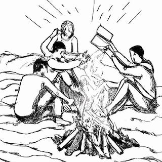 Young people gathered around a fire with a book.