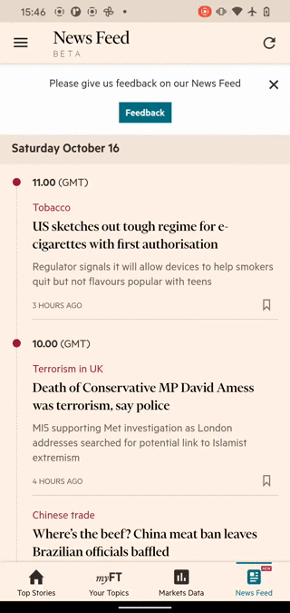 The scrolling News Feed feature in the FT Android app