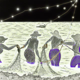 Women with a fishing net in the moonlight, catching the stars.