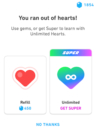 Screenshot: a user ran out of hearts in Duolingo
