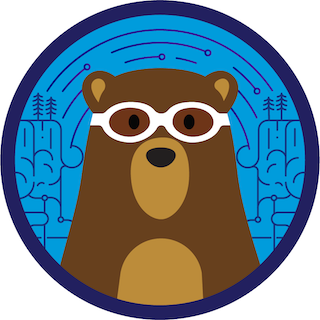 Image of Codey the bear wearing glasses with white frames. Line art landscape in the background.