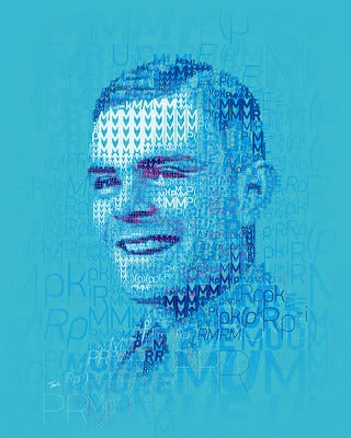 an artistic digital rendering of Alan Turing’s face in a headshot view in shades of teal blue where marks are composed from letters or numbers in algorithms he is known for