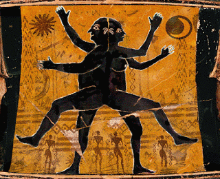 A depiction of an androgynous human with four arms, four legs, and two heads. The bodies are attached at their backs and face away from each other; one is intended to be masculine and the other feminine.