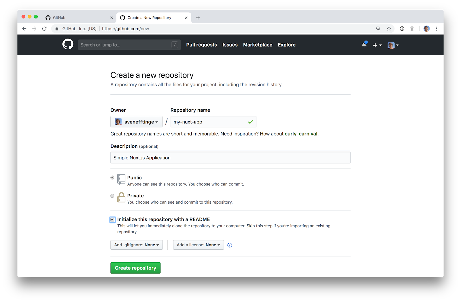 GitHub 'Create a new repository' page