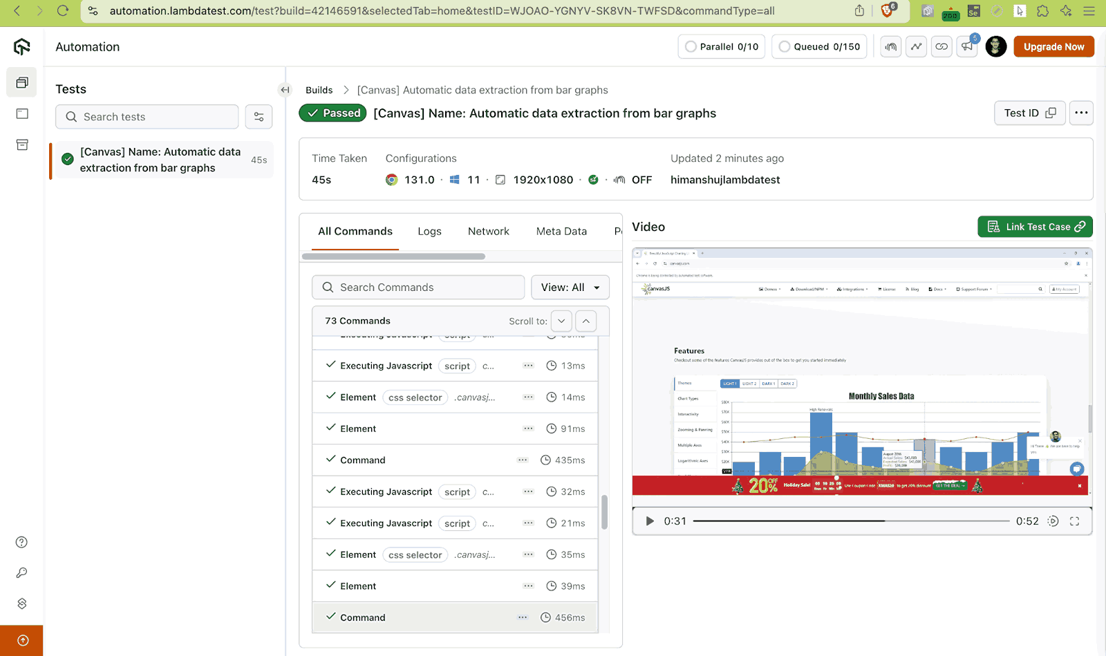 LambdaTest Automation Dashboard Snapshot